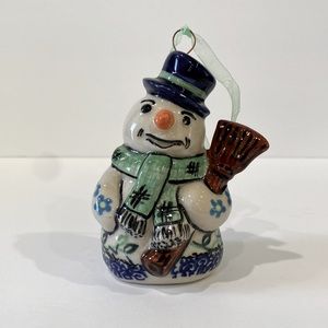 Polish Pottery Snowman Holding Broom Christmas Holiday Ornament. NWT